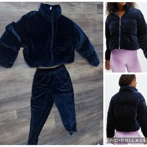 SET!! Fabletics Wander Velour Cropped Puffer Jacket navy set small